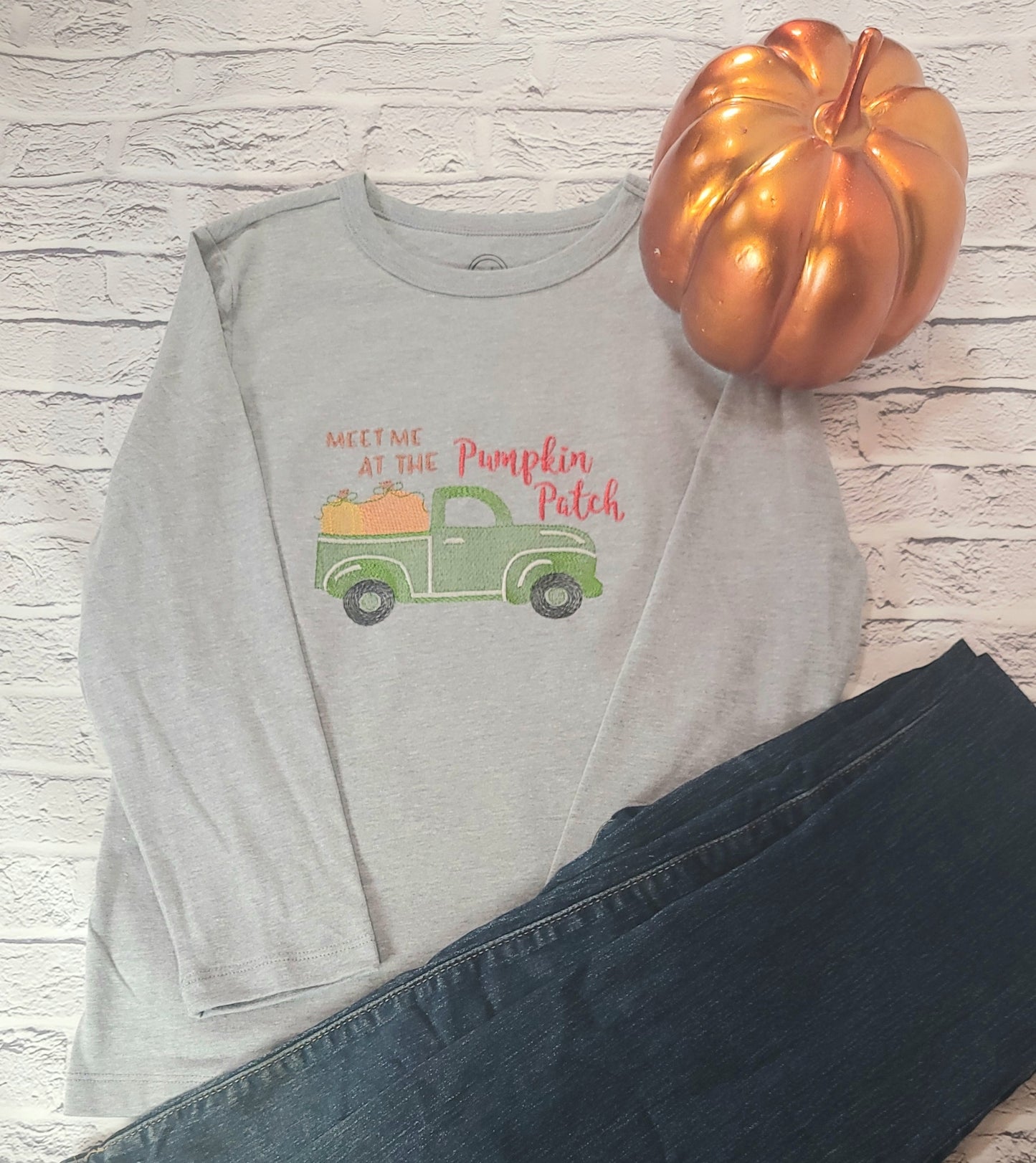 Kids Halloween/Fall Pumpkin Truck Tee Shirt | Cotton | Embroidery | Truck image 1