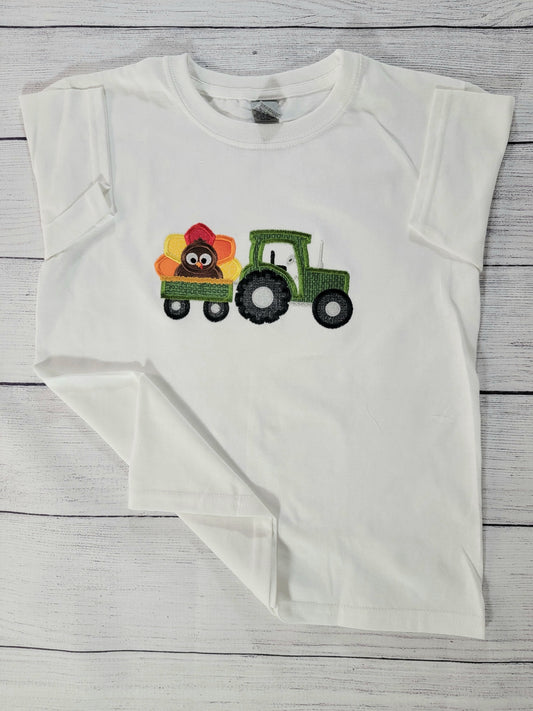 Kids Thanksgiving T-Shirt | Turkey | Tractor | Applique | Embroidery | Fall image 0